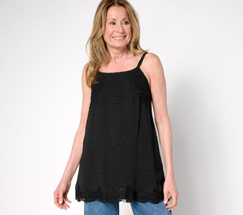 LOGO by Lori Goldstein Woven Clip Dot Tank with Lace Trim — View 14