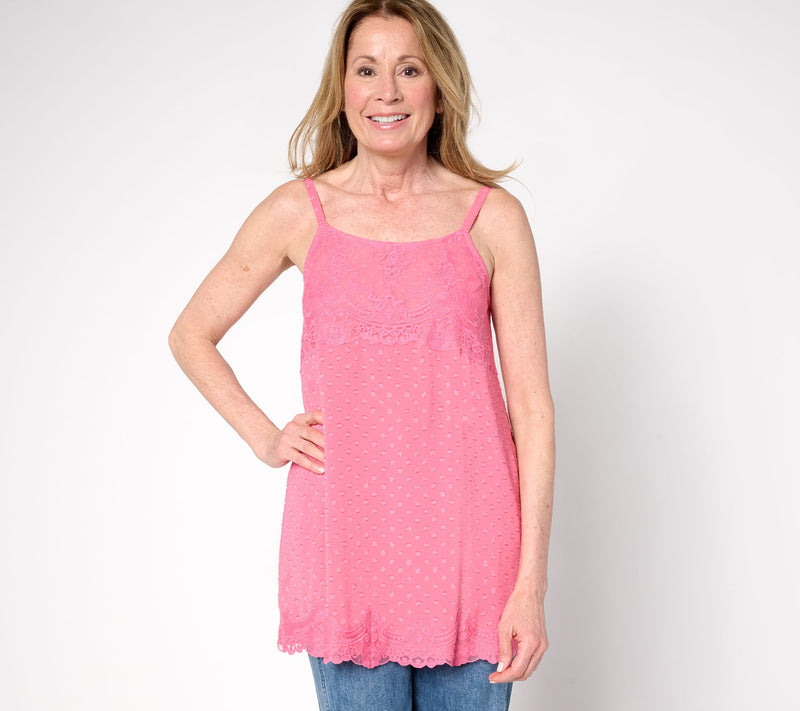 LOGO by Lori Goldstein Woven Clip Dot Tank with Lace Trim — View 17