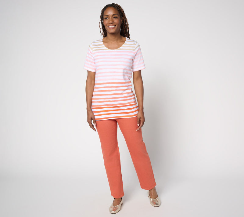 Denim & Co. Active Textured Cotton Short Sleeve Striped Top — View 4