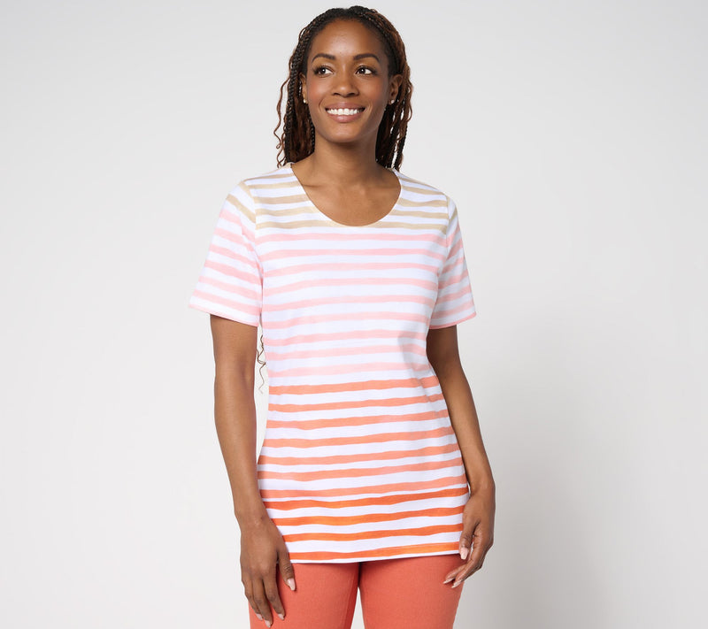 Denim & Co. Active Textured Cotton Short Sleeve Striped Top — Main view