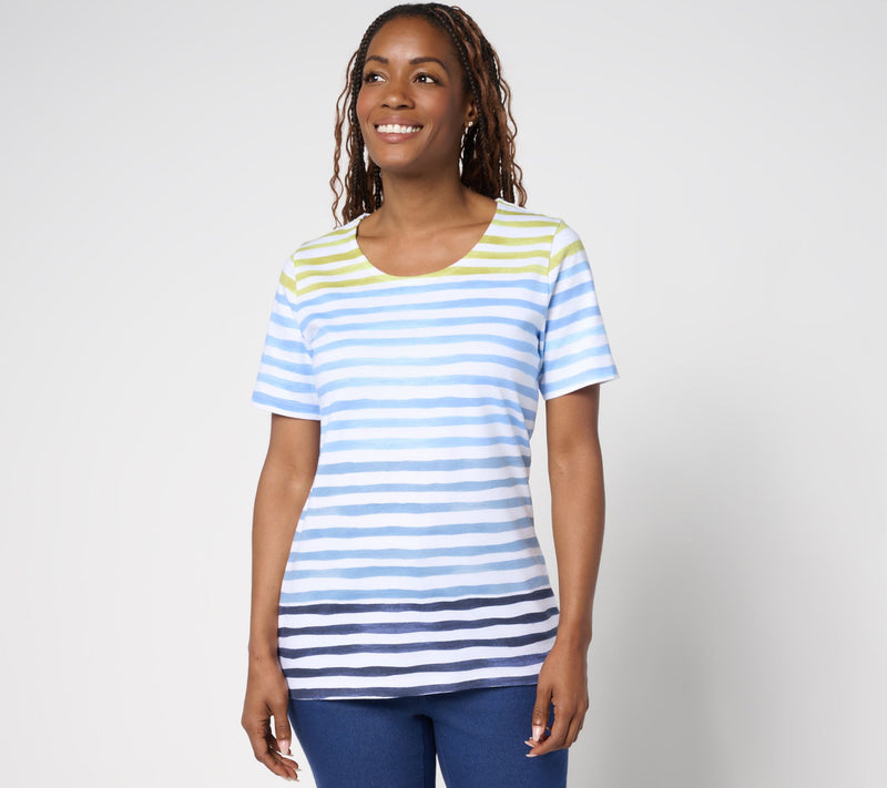 Denim & Co. Active Textured Cotton Short Sleeve Striped Top — View 12