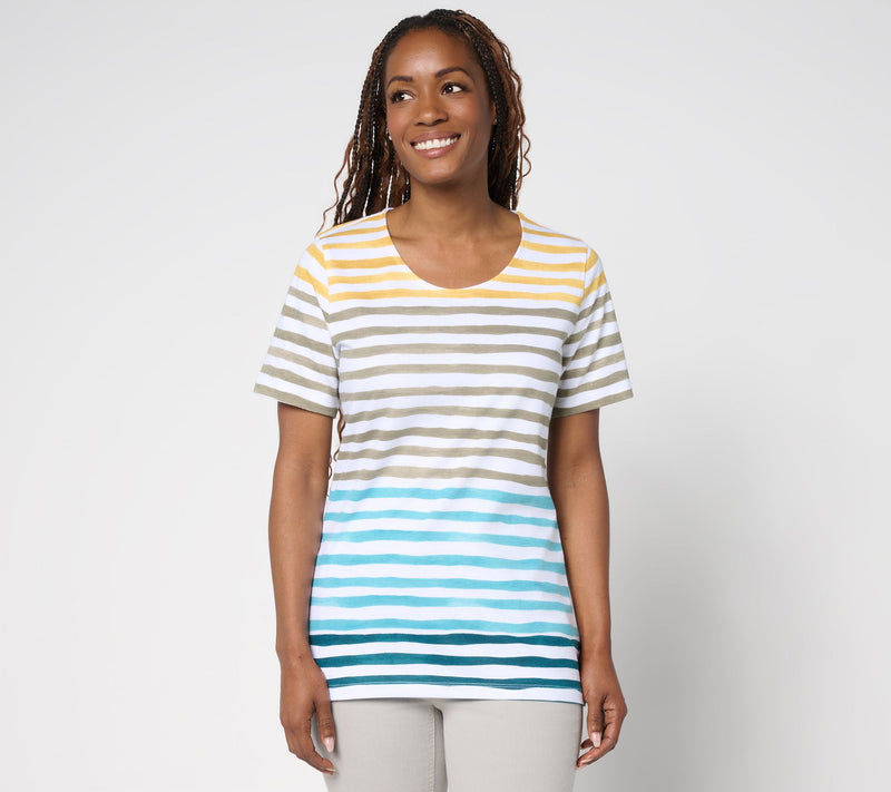 Denim & Co. Active Textured Cotton Short Sleeve Striped Top — View 13