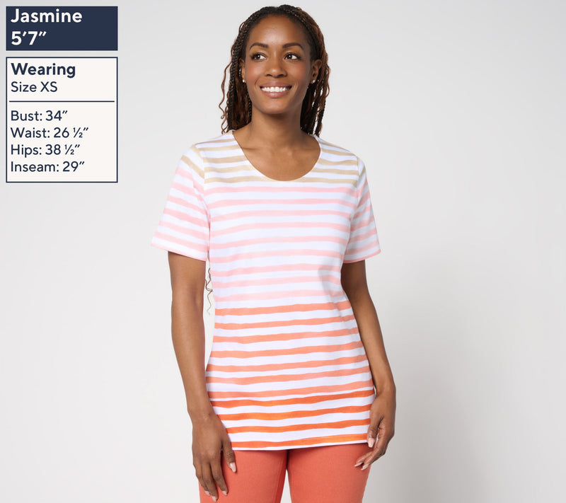 Denim & Co. Active Textured Cotton Short Sleeve Striped Top — View 2