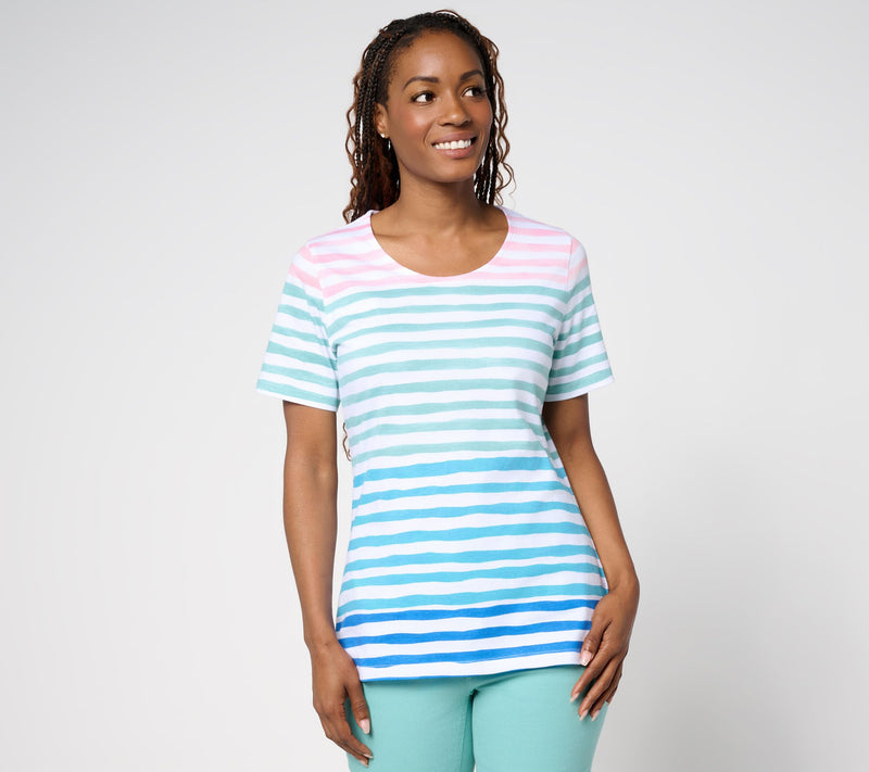 Denim & Co. Active Textured Cotton Short Sleeve Striped Top — View 15