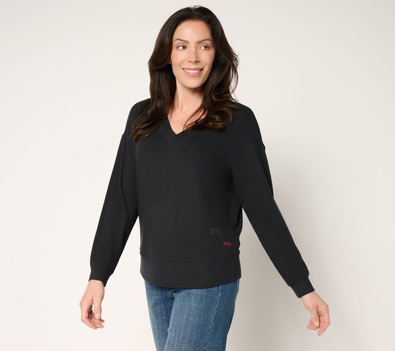 Peace Love World Comfy V-Neck Top with Embroidered Affirmation — View 14