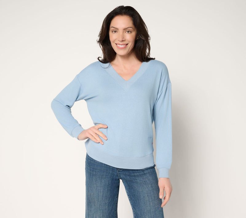 Peace Love World Comfy V-Neck Top with Embroidered Affirmation — View 15