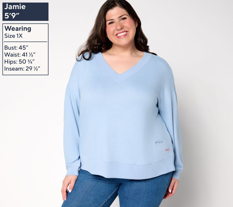 Peace Love World Comfy V-Neck Top with Embroidered Affirmation — View 2