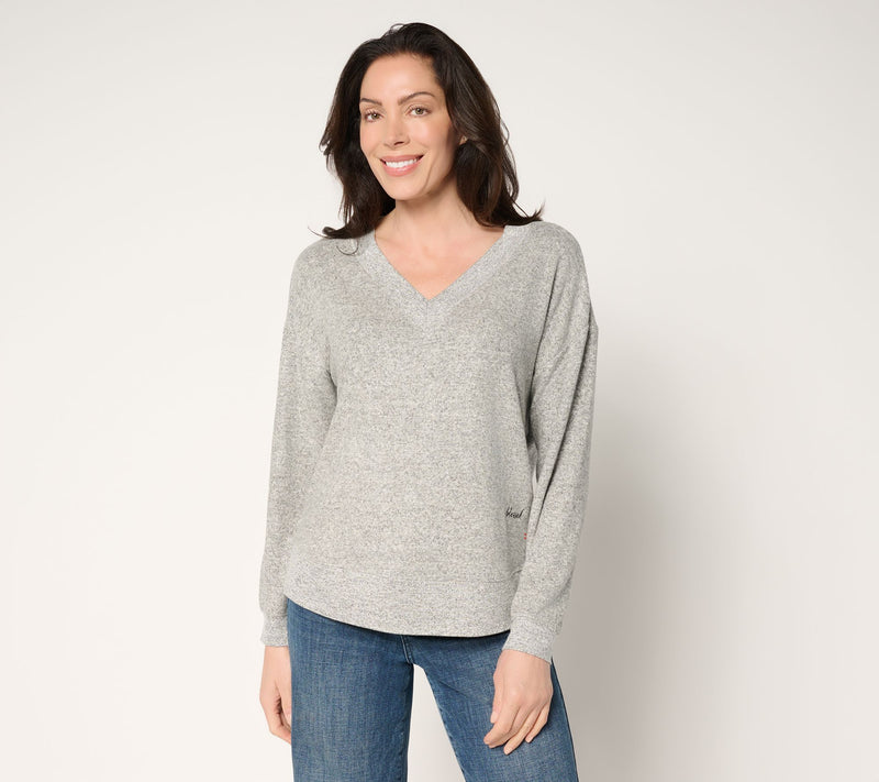 Peace Love World Comfy V-Neck Top with Embroidered Affirmation — View 17