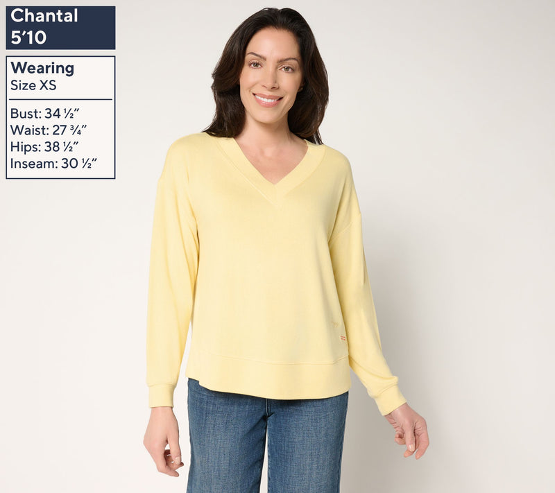 Peace Love World Comfy V-Neck Top with Embroidered Affirmation — View 3