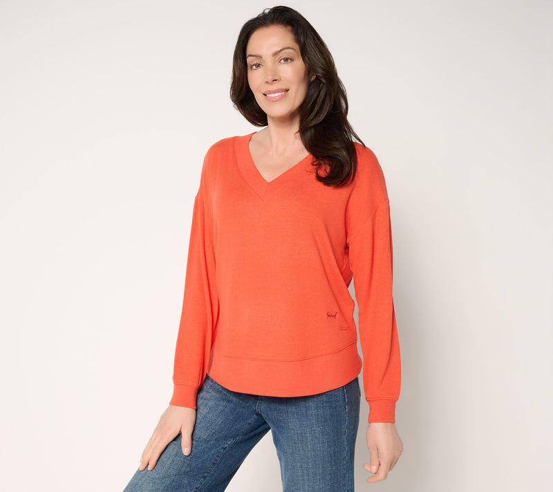 Peace Love World Comfy V-Neck Top with Embroidered Affirmation — View 18