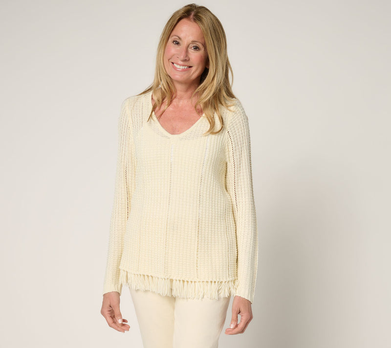Susan Graver Long Sleeve Fringe Hem Pointelle Sweater — View 7