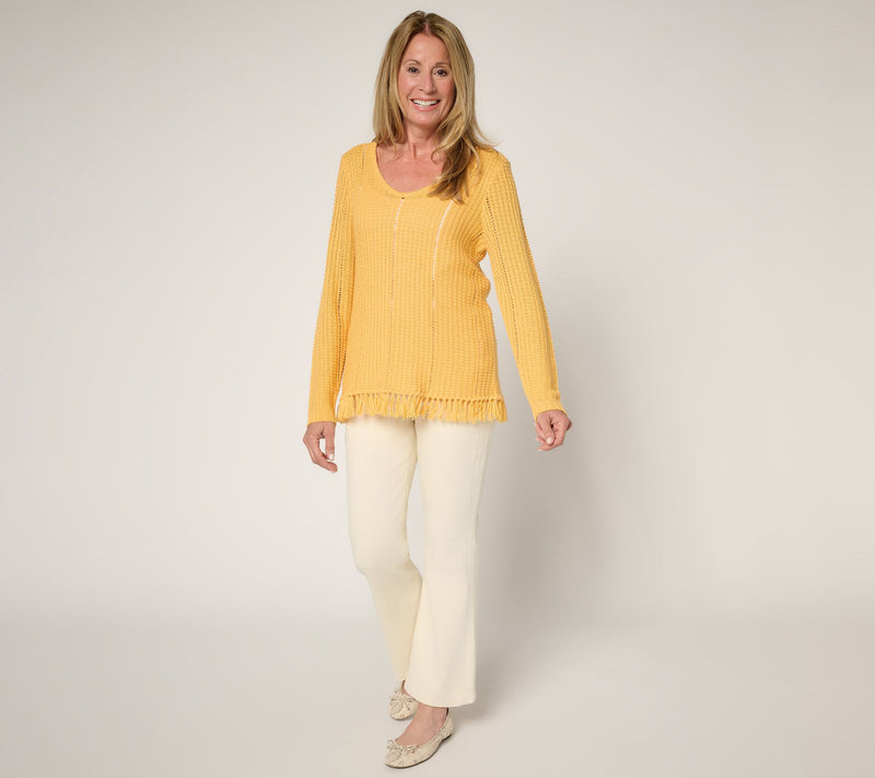Susan Graver Long Sleeve Fringe Hem Pointelle Sweater — View 13