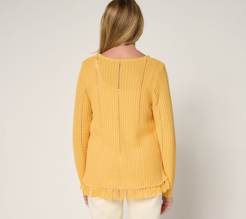 Susan Graver Long Sleeve Fringe Hem Pointelle Sweater — View 12