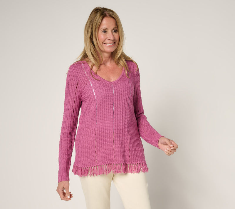 Susan Graver Long Sleeve Fringe Hem Pointelle Sweater — View 9