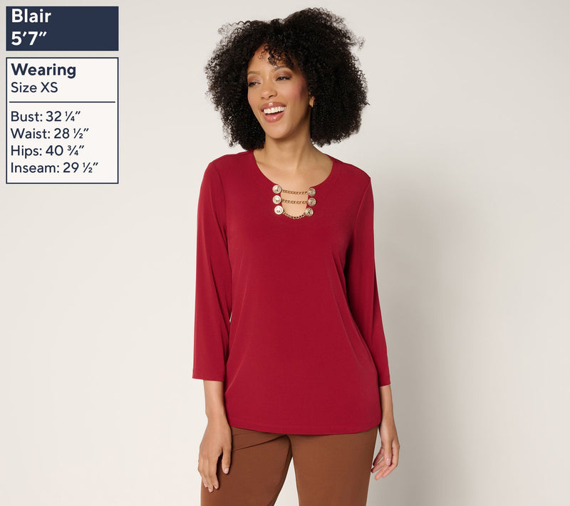 Susan Graver Liquid Knit 3/4-Sleeve Top w/ Chain Detail — View 3