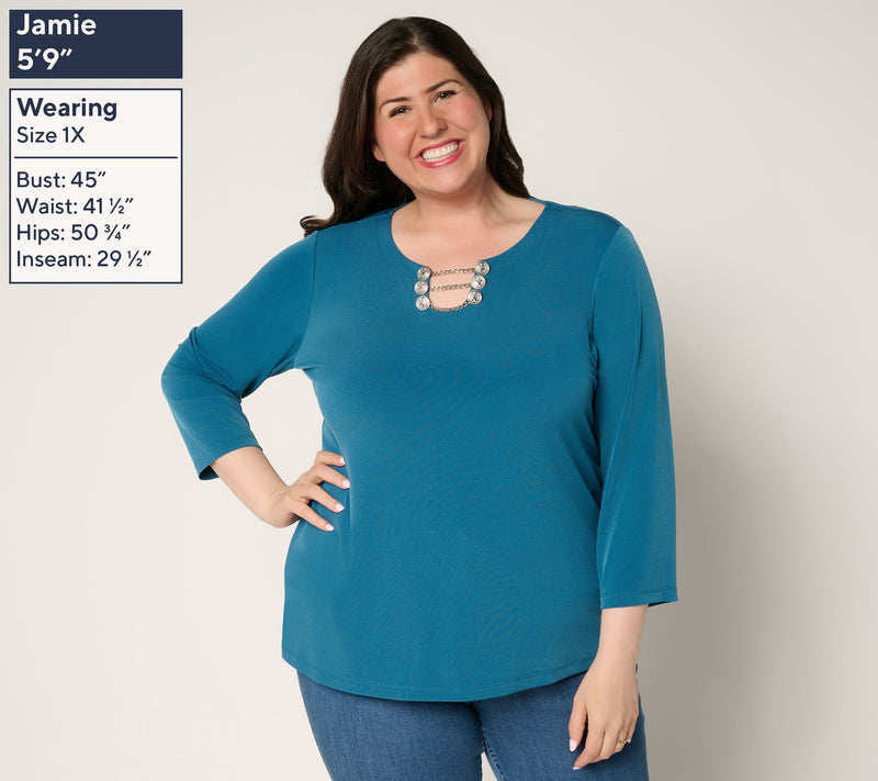 Susan Graver Liquid Knit 3/4-Sleeve Top w/ Chain Detail — View 2
