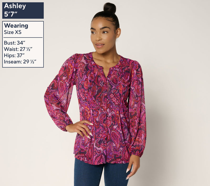 Susan Graver Printed Mesh Split Neck Button Front Top w/Tank — View 3