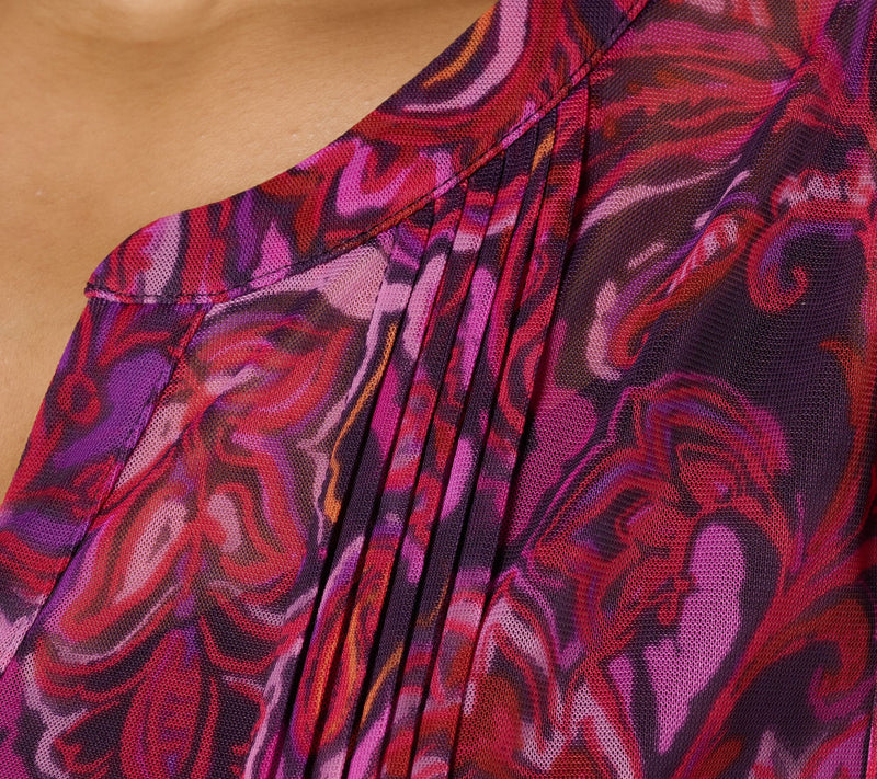 Susan Graver Printed Mesh Split Neck Button Front Top w/Tank — View 6