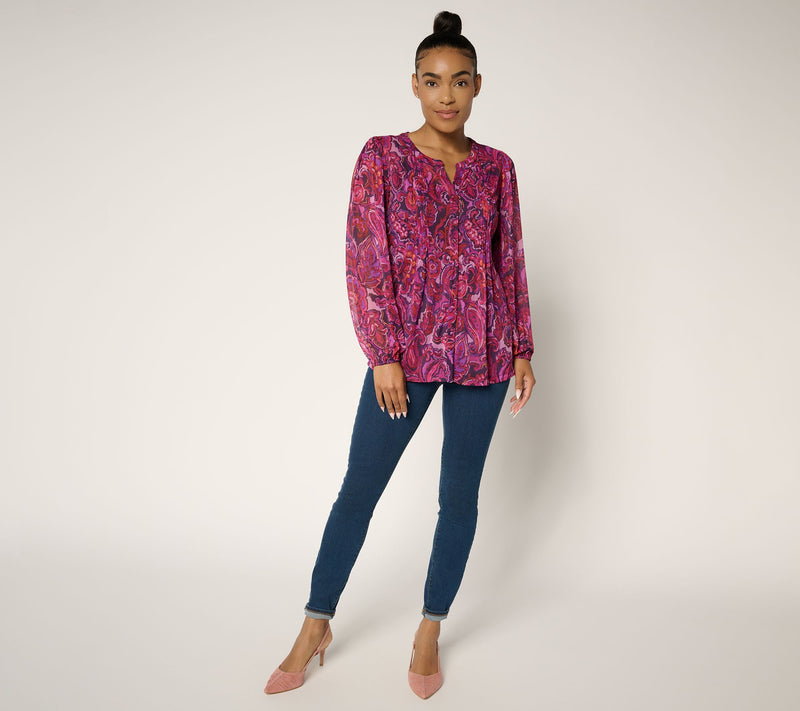 Susan Graver Printed Mesh Split Neck Button Front Top w/Tank — View 5