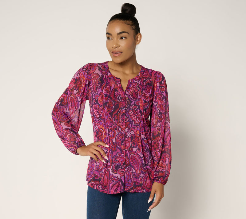 Susan Graver Printed Mesh Split Neck Button Front Top w/Tank — Main view