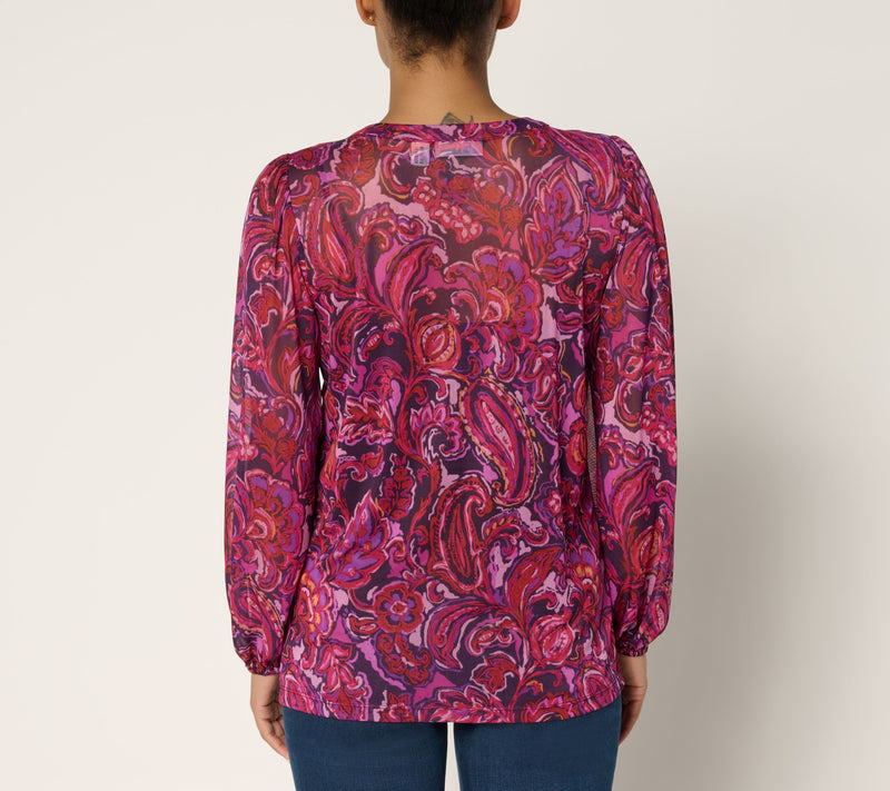 Susan Graver Printed Mesh Split Neck Button Front Top w/Tank — View 4