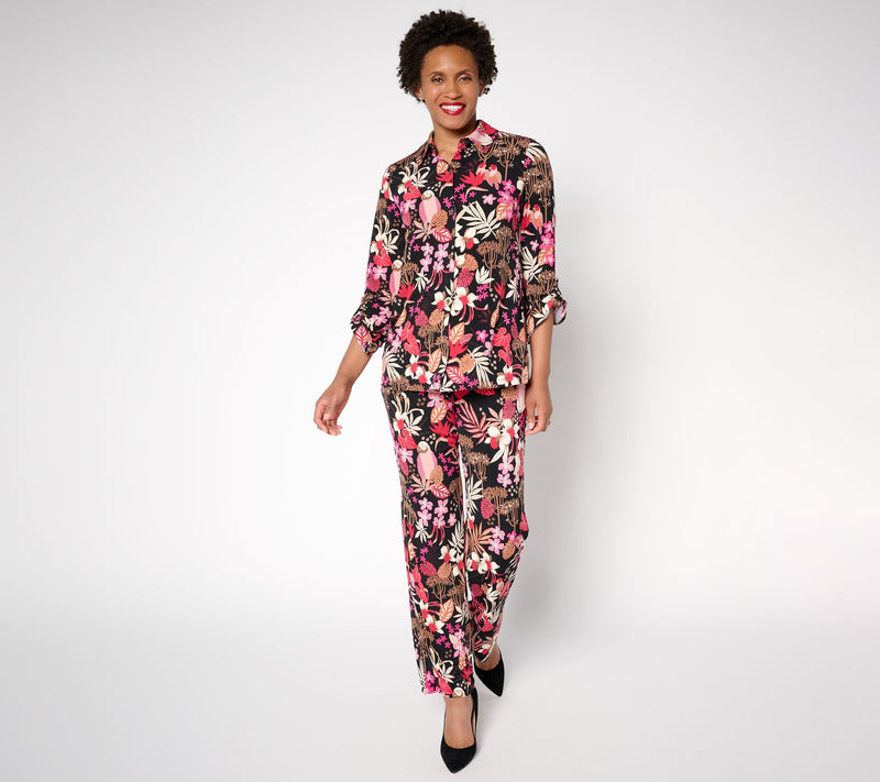 Susan Graver Regular Printed Liquid Knit Button Front Top — View 5