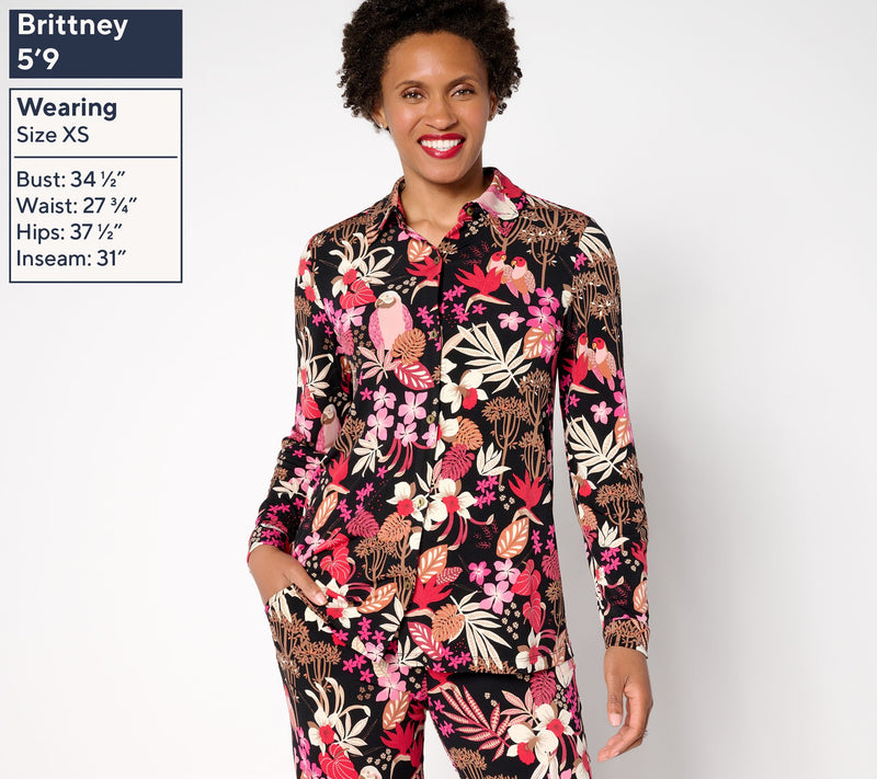 Susan Graver Regular Printed Liquid Knit Button Front Top — View 3