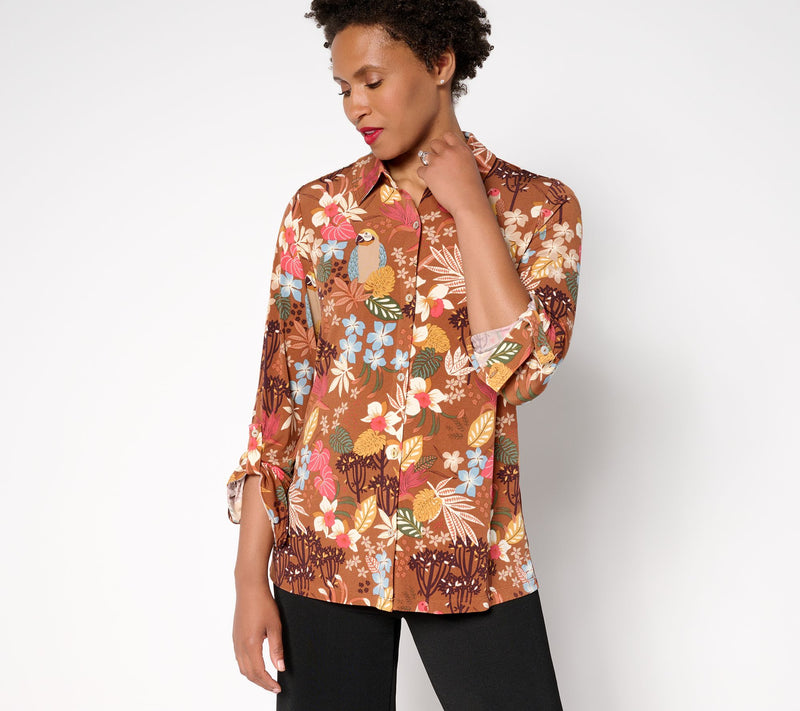 Susan Graver Regular Printed Liquid Knit Button Front Top — View 13