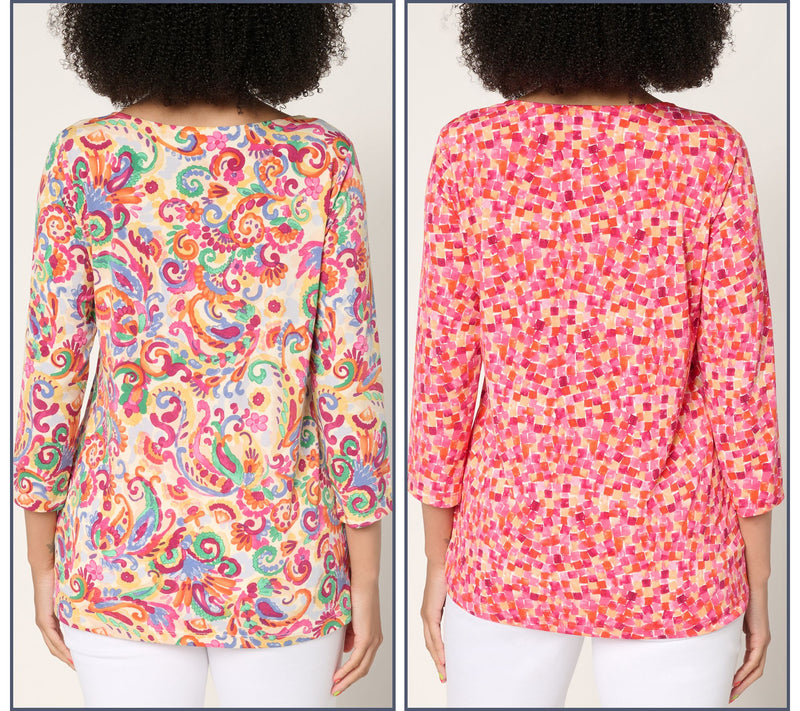 Susan Graver Regular Printed Liquid Knit Set of (2) 3/4 Sleeve Tops — View 12