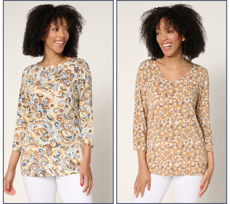 Susan Graver Regular Printed Liquid Knit Set of (2) 3/4 Sleeve Tops — View 9