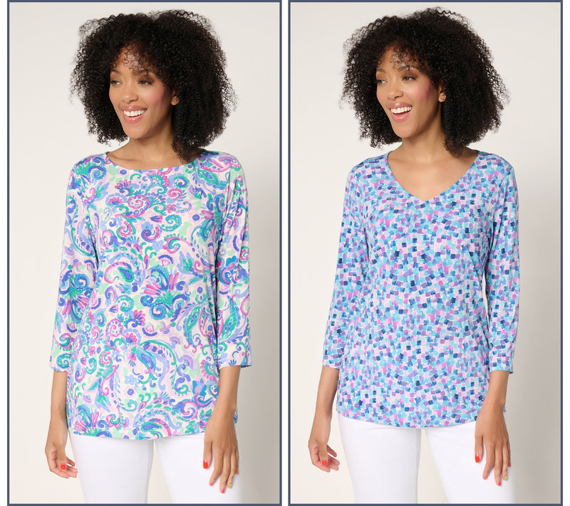 Susan Graver Petite Printed Liquid Knit Set of (2) 3/4 Sleeve Tops — View 7