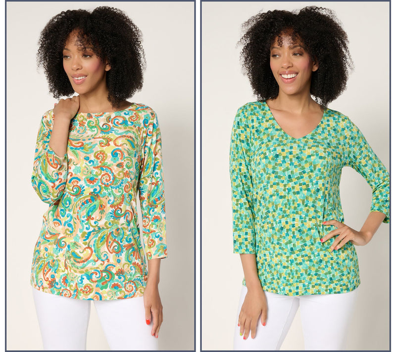 Susan Graver Petite Printed Liquid Knit Set of (2) 3/4 Sleeve Tops — View 3