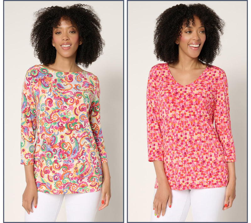 Susan Graver Petite Printed Liquid Knit Set of (2) 3/4 Sleeve Tops — Main view
