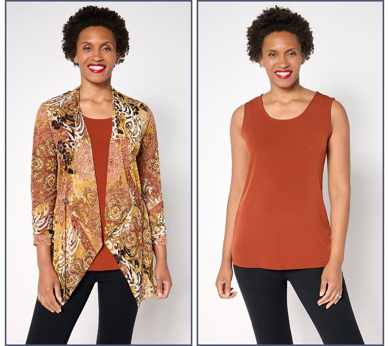 Susan Graver Regular Printed Mesh Cardigan & Liquid Knit Tank Set — Main view