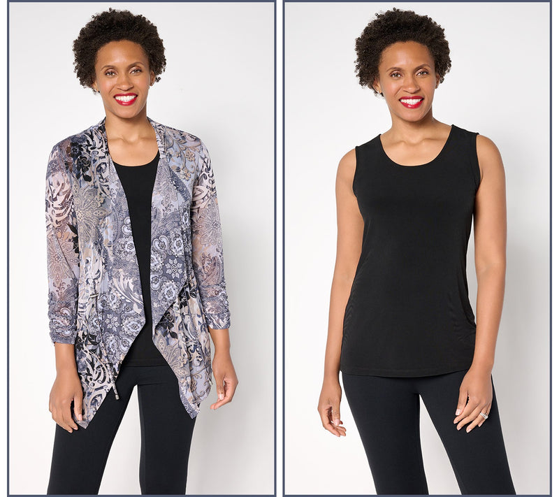 Susan Graver Regular Printed Mesh Cardigan & Liquid Knit Tank Set — View 11