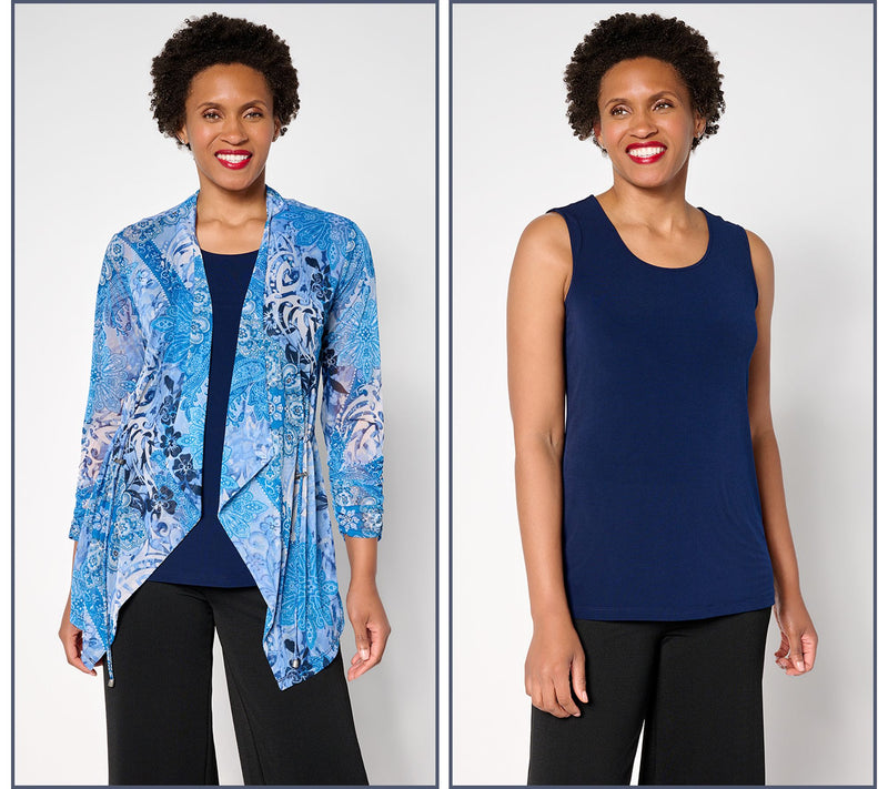 Susan Graver Regular Printed Mesh Cardigan & Liquid Knit Tank Set — View 5
