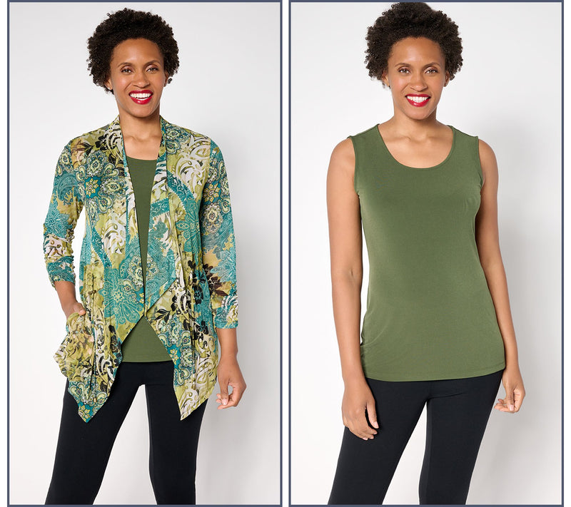 Susan Graver Petite Printed Mesh Cardigan & Liquid Knit Tank Set — View 7