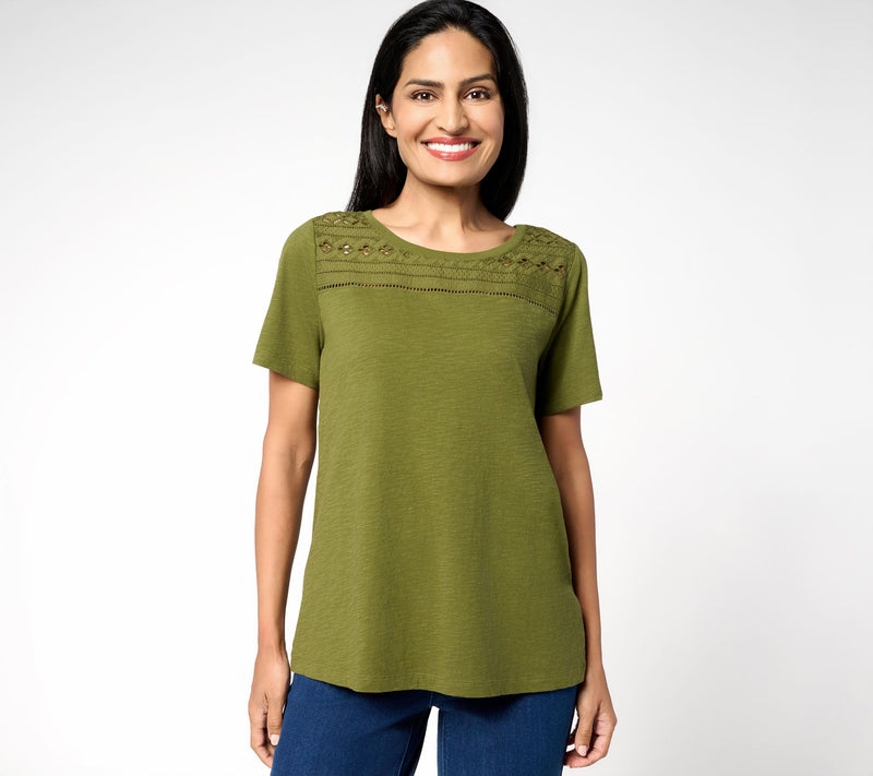 Susan Graver Weekend Textured Cotton Top w/ Eyelet Embroidery Trim — Main view