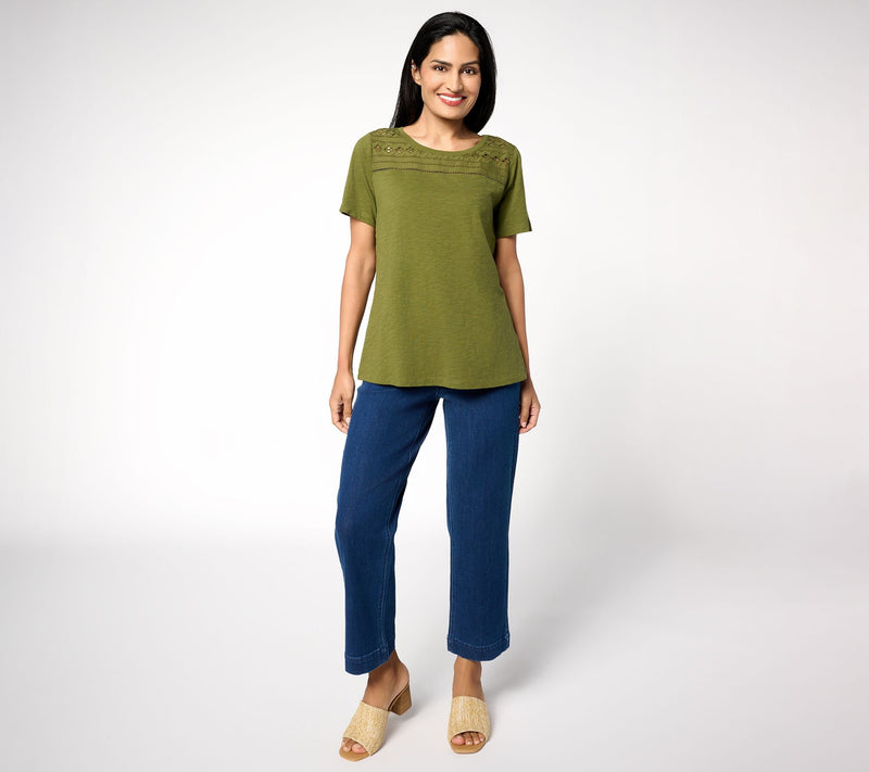 Susan Graver Weekend Textured Cotton Top w/ Eyelet Embroidery Trim — View 5