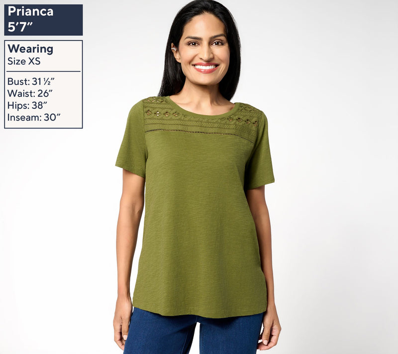 Susan Graver Weekend Textured Cotton Top w/ Eyelet Embroidery Trim — View 3