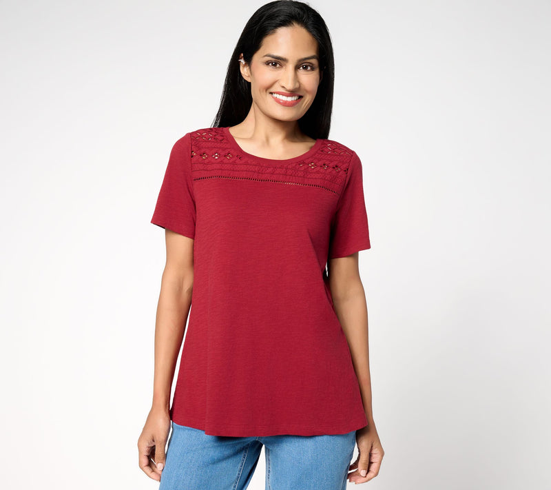 Susan Graver Weekend Textured Cotton Top w/ Eyelet Embroidery Trim — View 12