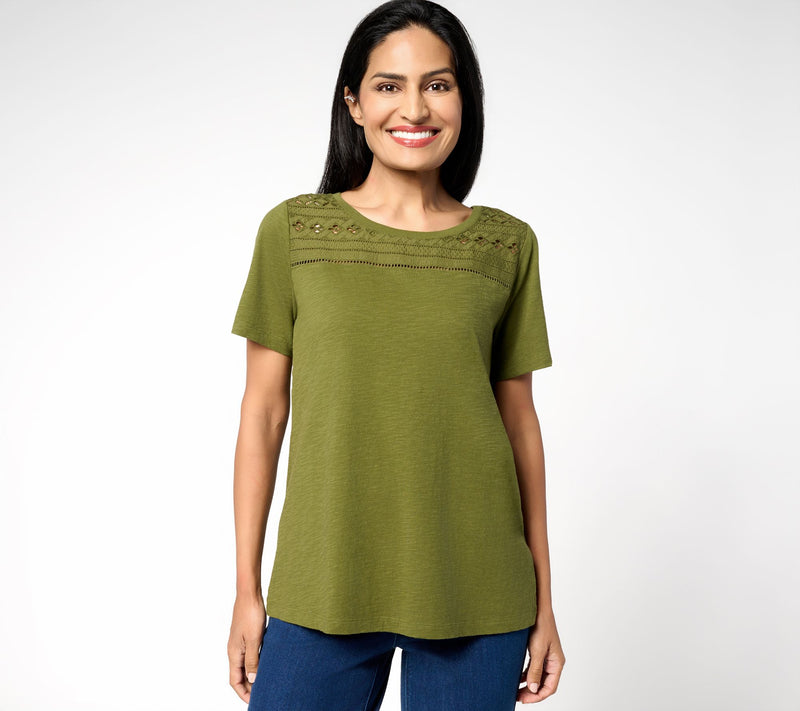 Susan Graver Weekend Textured Cotton Top w/ Eyelet Embroidery Trim — View 13