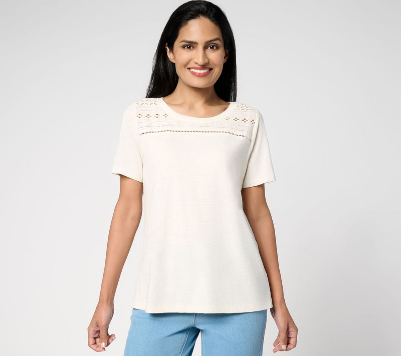 Susan Graver Weekend Textured Cotton Top w/ Eyelet Embroidery Trim — View 14