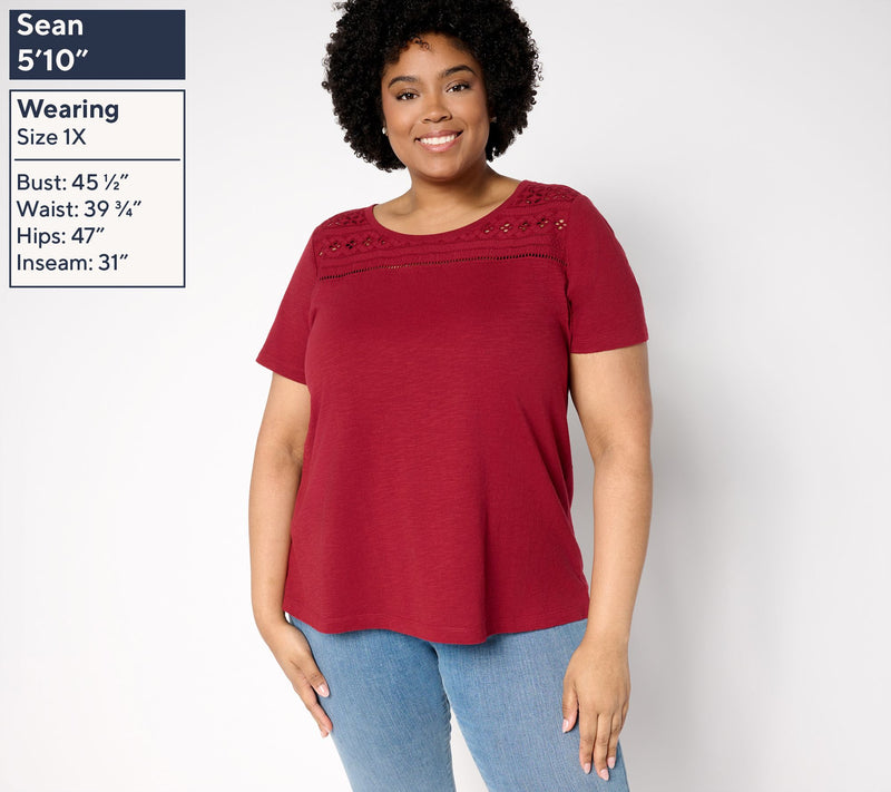 Susan Graver Weekend Textured Cotton Top w/ Eyelet Embroidery Trim — View 2