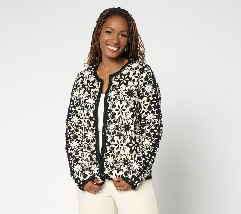GRAVER Susan Graver Two Tone Crochet Button Front Shrug — View 9
