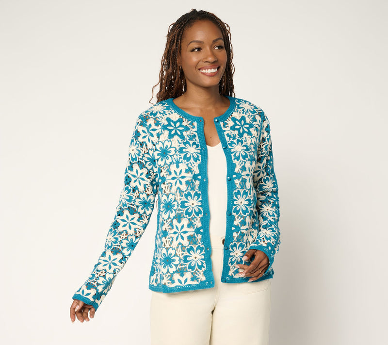 GRAVER Susan Graver Two Tone Crochet Button Front Shrug — View 7