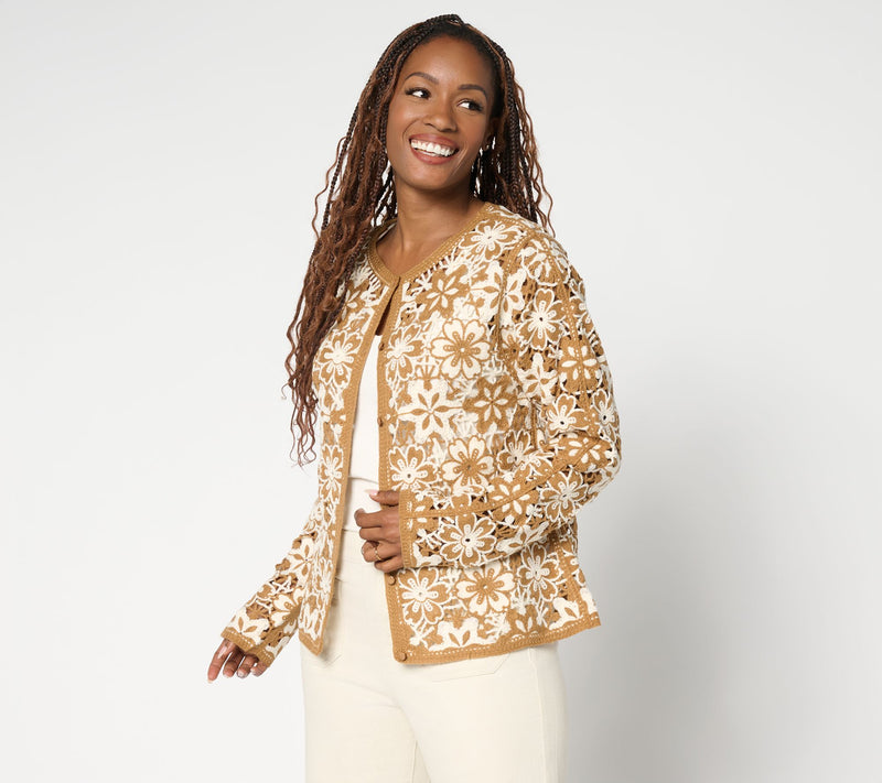 GRAVER Susan Graver Two Tone Crochet Button Front Shrug — View 5