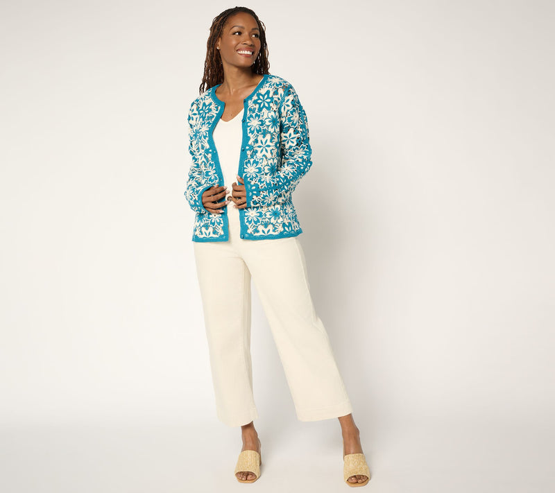 GRAVER Susan Graver Two Tone Crochet Button Front Shrug — View 12