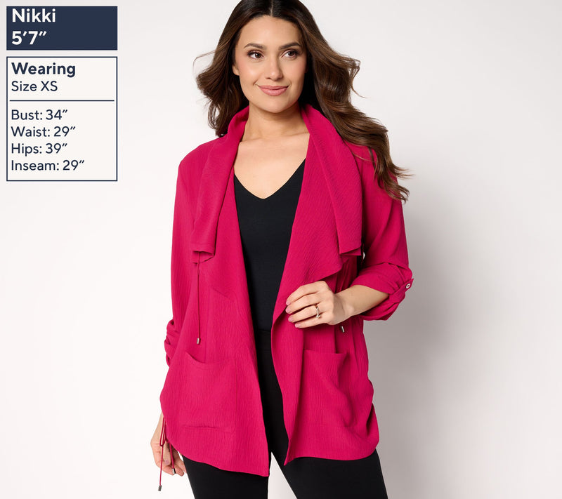Susan Graver Regular Crinkled Woven Drape Front Cardigan — View 5