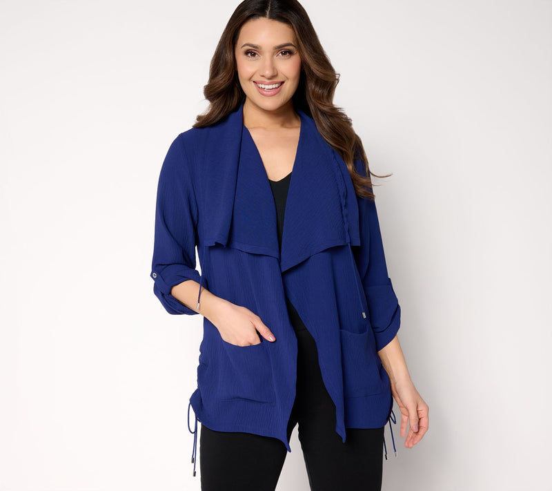 Susan Graver Regular Crinkled Woven Drape Front Cardigan — View 13